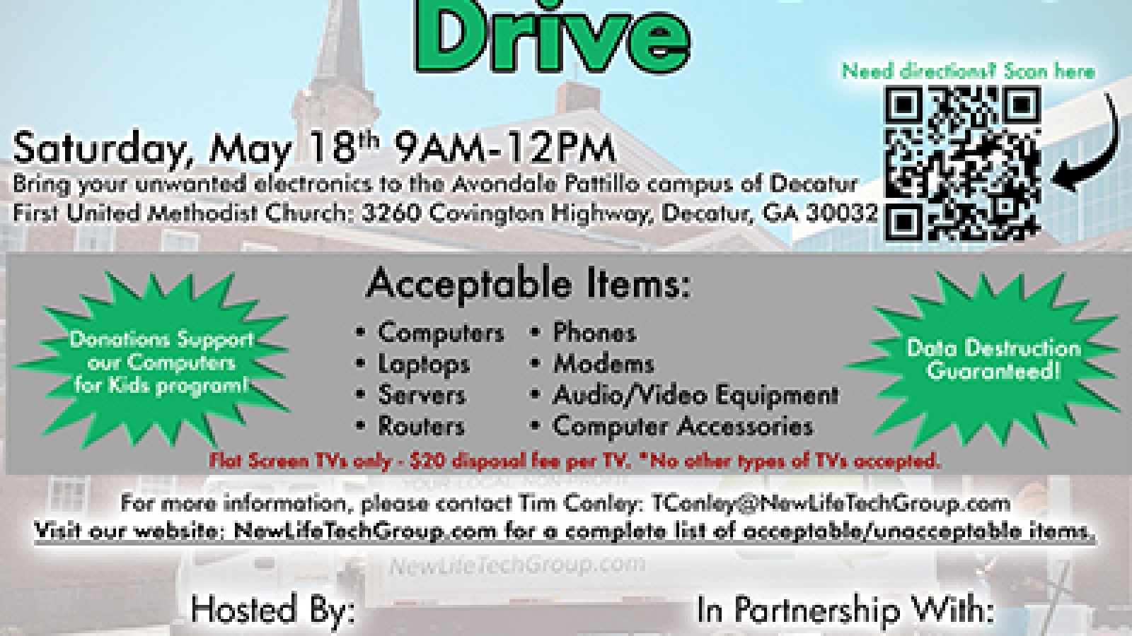 Computer and electronics donation drive Decatur First Methodist Church