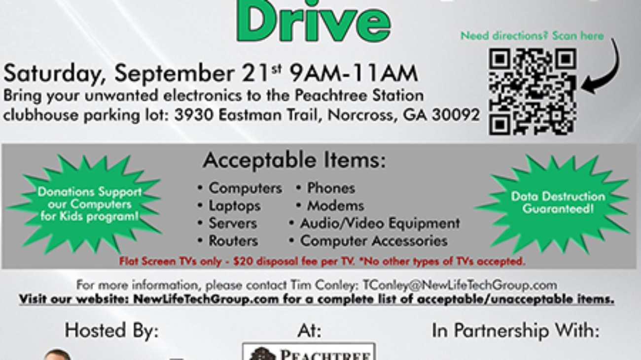 New Life Technology Group electronics recycling drive with Matthew Meide at Peachtree Station Clubhouse