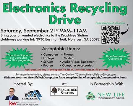 New Life Technology Group electronics recycling drive with Matthew Meide at Peachtree Station Clubhouse