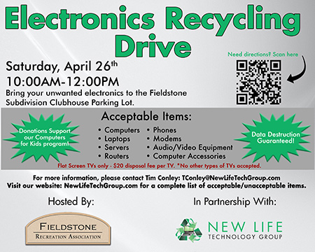 Computer and electronics donation drive Fieldstone Subdivision Clubhouse