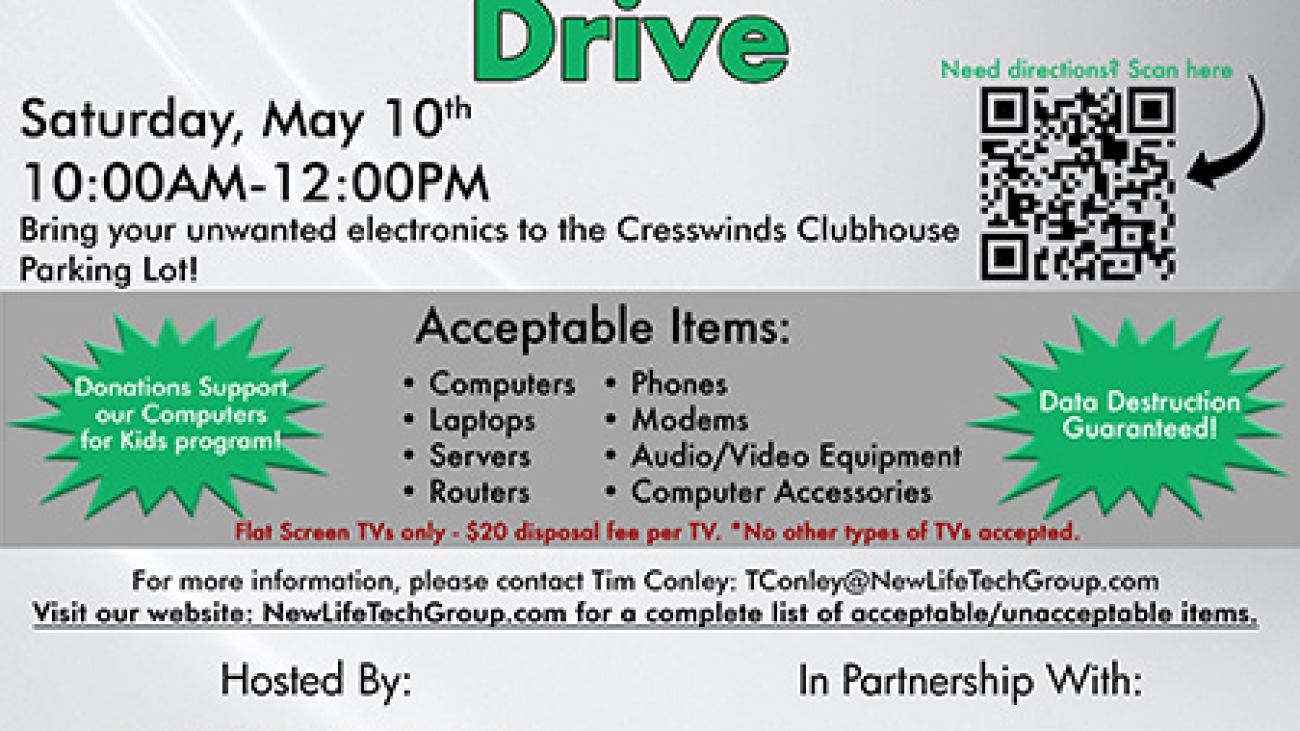 Computer and electronics donation drive Cresswinds Twin Lakes